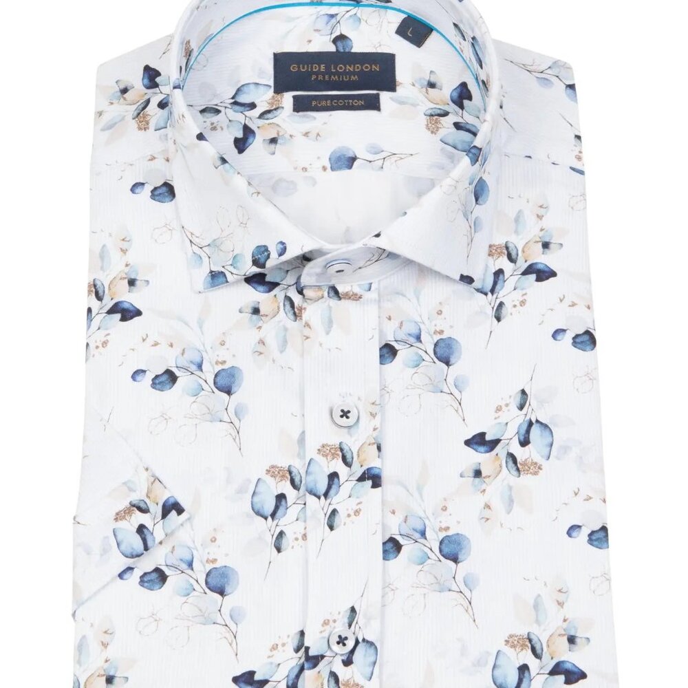 Guide London White Floral on Stripe Short Sleeve Button Up Shirt